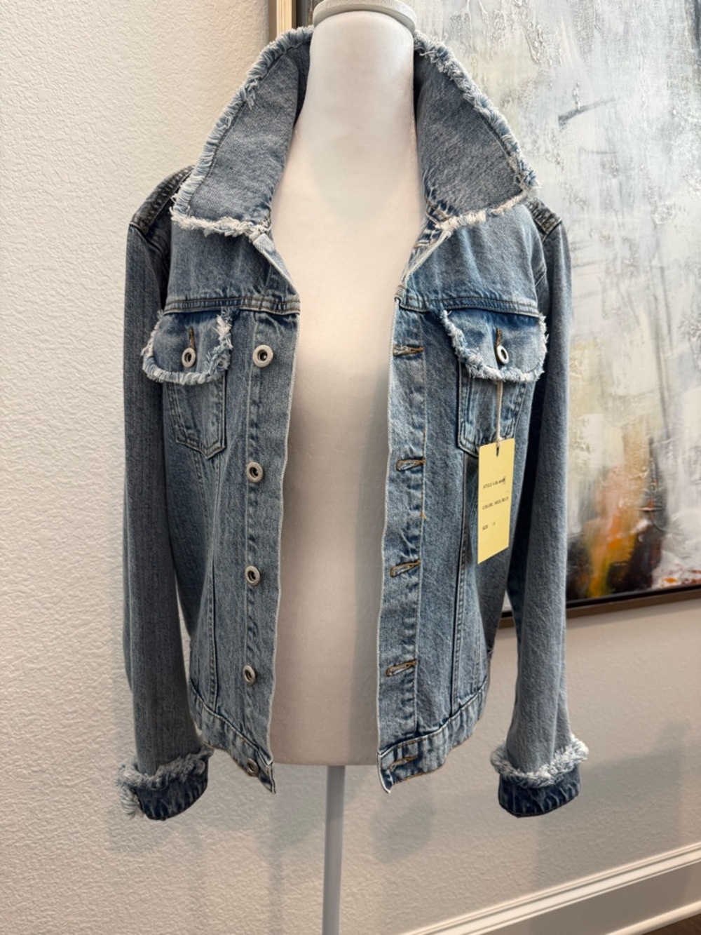 Women's Distressed Blue Denim Jacket with Cream Chain-Print Back - Picture 2 of 2